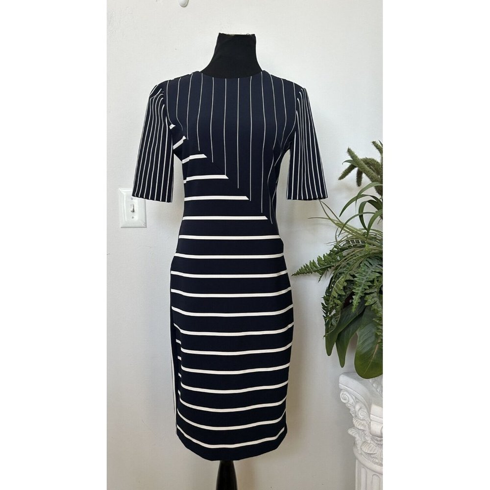 NWT Zara Woman Navy Blue & White Striped Patchwork Tube‎ Shift Block Dress Sz M